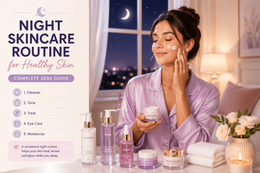 Woman following a Night Skincare Routine for Healthy Skin by cleansing, applying serum, moisturizer, and eye cream before bedtime