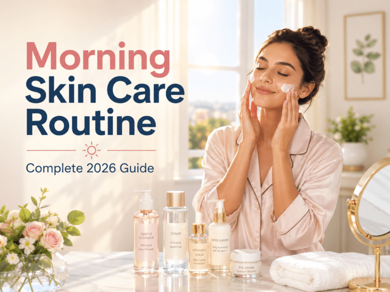 5-step morning skincare routine for glowing skin featuring cleanser, toner, vitamin C serum, moisturizer, and sunscreen | Complete skincare guide by Monks Beauty
