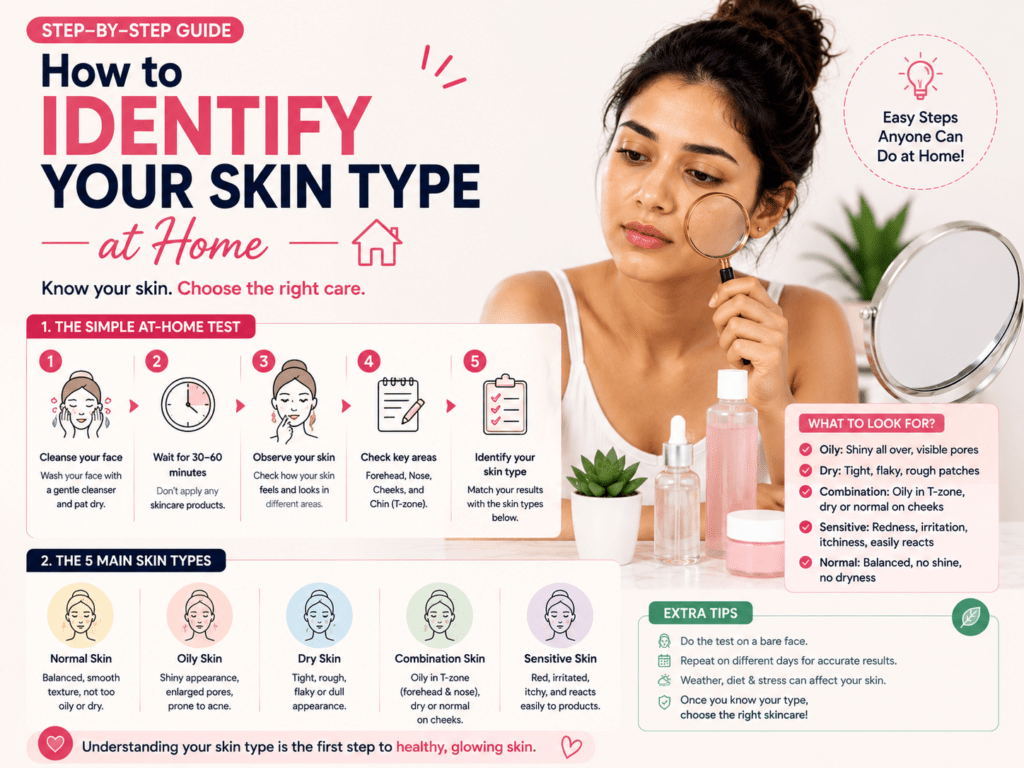 Learn how to identify your skin type at home using simple methods to determine whether your skin is oily, dry, combination, normal, or sensitive.
