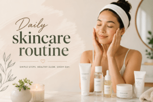Daily Skincare Routine for Healthy and Glowing Skin in Bangladesh featuring skincare products and beauty lifestyle setup