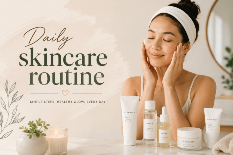 Daily Skincare Routine for Healthy and Glowing Skin in Bangladesh featuring skincare products and beauty lifestyle setup